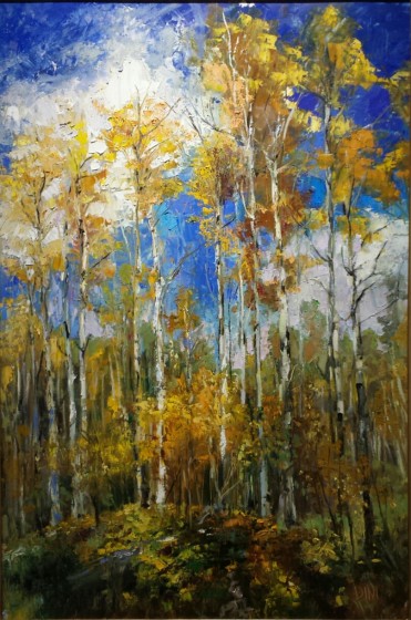 <p>Madina Croce, <em>Sky Trees III, </em>2014. Oil on Linen, 23 ¾” X 35 ¾”. Collection of the Carlsbad Museum & Art Center, Carlsbad, NM, USA.</p>
