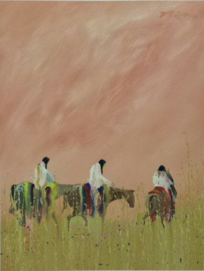 <p>Earl Bliss, American (1947-1998), <em>Indians in the Greasy Grass</em> c. 1977. Oil on canvas, 26” X 36”. Collection of the Carlsbad Museum & Art Center, Carlsbad, NM, USA.</p>
