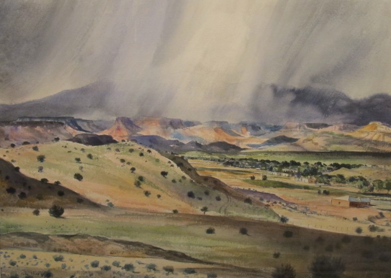 <p>Peter Hurd, American (1904-1984), <em>Summer Storm Over the Jemez Mountains, </em>c. 1955. Watercolor, 36″ x 27″.  Collection of the Carlsbad Museum & Art Center, Carlsbad, NM, USA.</p>
